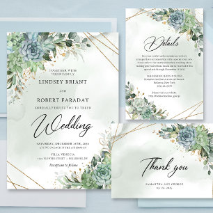 Trendy greenery succulent eucalyptus gold wedding invitation