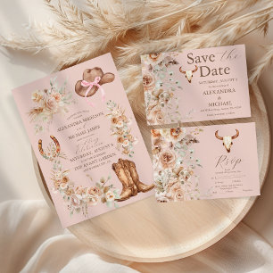 Pink Boho Floral Western Wedding All In One Invitation
