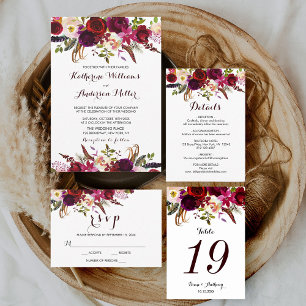 Boho Burgundy Marsala Floral Wedding Details Info Enclosure Card