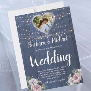 Rustic Wood Twinkle Lights Photo Floral Wedding  Invitation