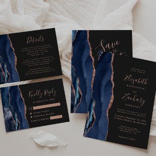 Navy Blue Rose Gold Agate Dark Wedding RSVP
