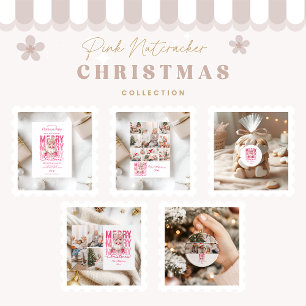 3 Photo Vintage Pink Nutcracker Christmas  Holiday Card