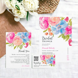 Bohemian pink blue floral watercolor bridal shower thank you card