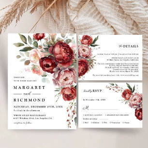Modern Rustic Burgundy Blush Floral Save The Date Invitation