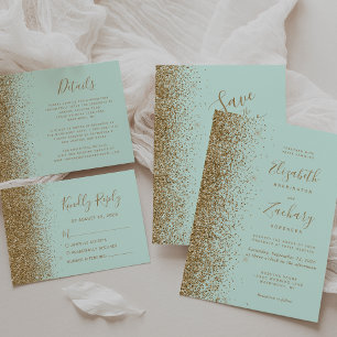 Gold Glitter Edge Mint Green Save the Date Announcement