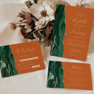 Chic Emerald Green Gold Agate Burnt Orange Wedding Invitation