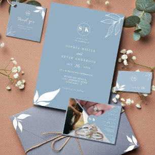 Dusty Blue Minimalist Branch Leaves Modern Wedding Invitation