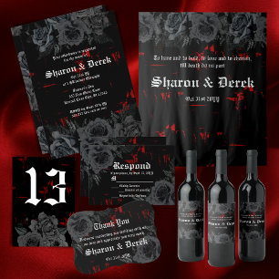 Gothic Grey Black Floral Red Lettering Wedding Invitation