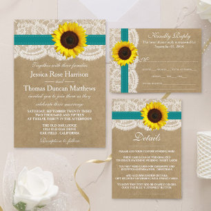 The Kraft, Lace & Sunflower Collection - Teal Invitation