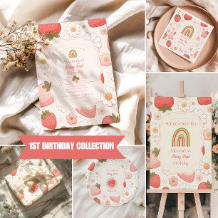 Girl Strawberry Berry First 1st Birthday Party Invitation