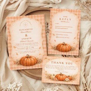 Rustic Gingham Pumpkin Fall Wedding RSVP Card