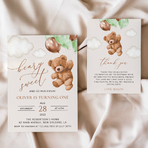 Teddy Bear, Green Balloons, First Birthday Invitation