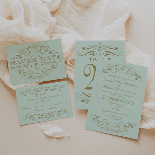 Vintage Mint and Antique Gold Flourish Wedding Save The Date
