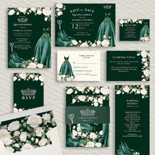 Princess Dress and Roses Green Quinceanera Invitation