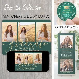 3 Photo Collage Script Green Gold Graduation Party Invitation