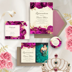 Watercolor Gold Pink Roses Quinceanera QR Code Invitation
