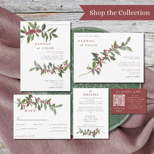 Elegant Winter Berries Red Green Watercolor All In One Invitation