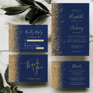 Modern Navy Blue Gold Faux Glitter Edge Wedding Invitation
