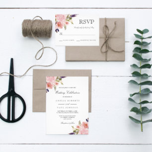 Watercolor Peonies Purple Pink Wedding Invitation