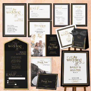 Elegant Black Gold Ornate Typography Wedding All In One Invitation
