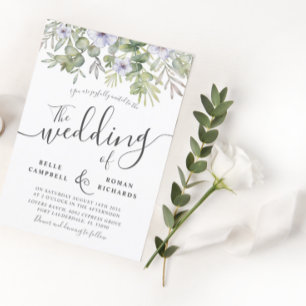 Boho Green Eucalyptus & Purple Floral Wedding  Invitation