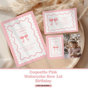 Coquette Pink Watercolor Bow 1st Birthday Invitation