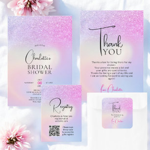 Pink Purple Glitter Holographic bridal registry qr Enclosure Card