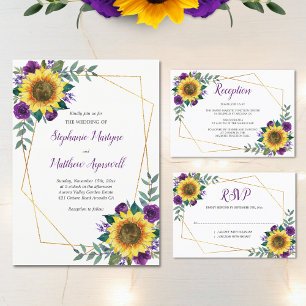 Geometric Sunflower Purple Roses Floral Wedding Invitation