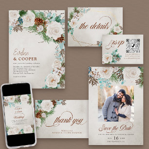 Winter White Wedding Roses and Pine Photo Save The Date