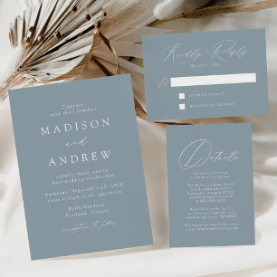 Modern Elegant Monogram Dusty Blue Wedding All In One Invitation