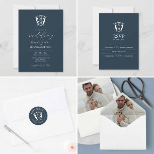 Monogram Crest Customisable Blue Wedding Invitation