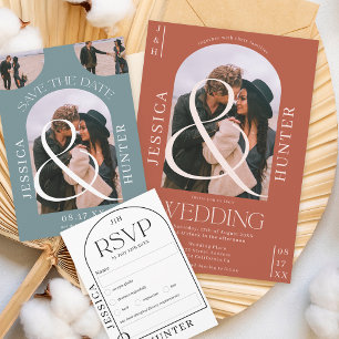 Modern boho arch 2 photos wedding terracotta invitation