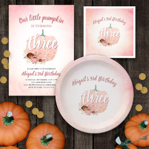 Girls 3rd Birthday Party Rose Gold Glitter Pumpkin Paper Plate