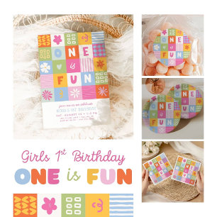 One Is Fun Bold Colourful Girls 1st Birthday Invitation