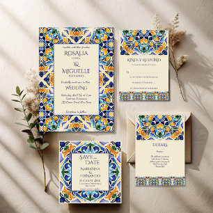 Talavera azulejo blue tile vintage Mexican wedding Save The Date