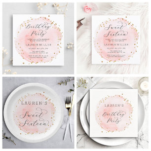 Blush Pink and Gold Watercolor Sweet Sixteen Paper Plate