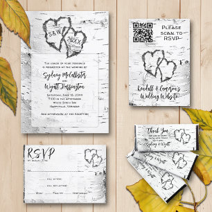Birch Tree Carved Hearts QR code Wedding RSVP