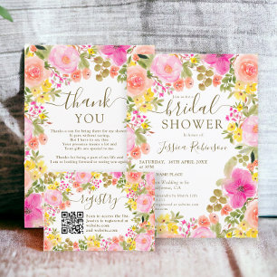 Boho wild flowers garden pink bridal shower thank you card