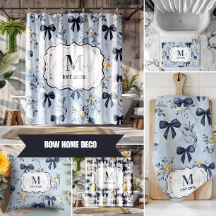 Custom Elegant Blue Bow Floral Monogram Tea Towel