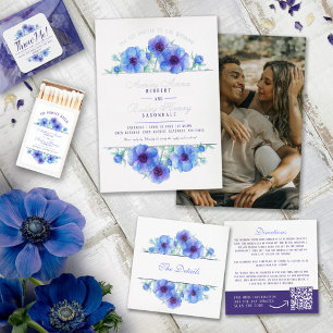 Blue anemone floral watercolor wedding photo invitation