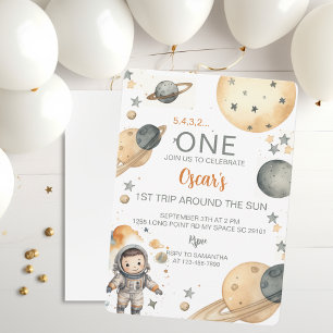Space Adventure Watercolor First Birthday  Invitation