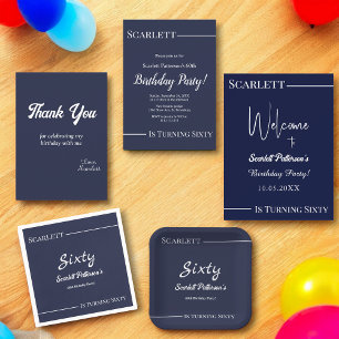 Elegant Chic Navy Blue White Simple 60th Birthday Invitation