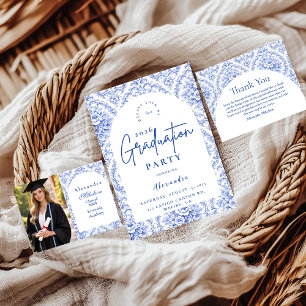 Vintage Blue Botanical Graduation Party RSVP Card