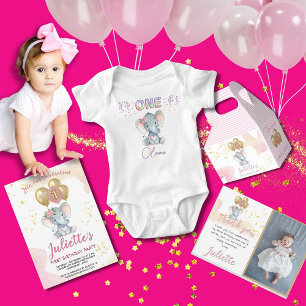 Charming Pink Floral Elephant First Birthday Girl Invitation