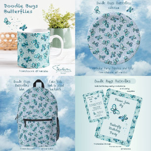 Doodle Bugs Butterflies - blue - seamless pattern. Paper Plate