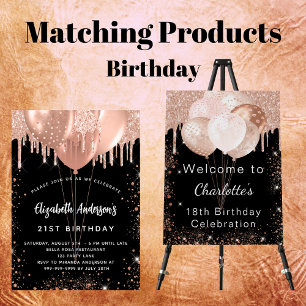 Birthday black rose gold balloons invitation