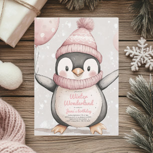 Whimsical Penguin Birthday   Vintage Pink Invitation
