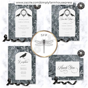 Dark Gothic Grey & Black Damask & Ravens Wedding Thank You Card