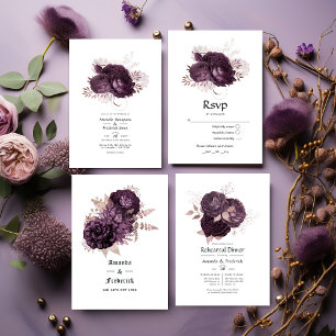 Dark Purple and Rose Gold Floral Wedding RSVP Card