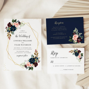 gold geometric burgundy & navy floral wedding invitation